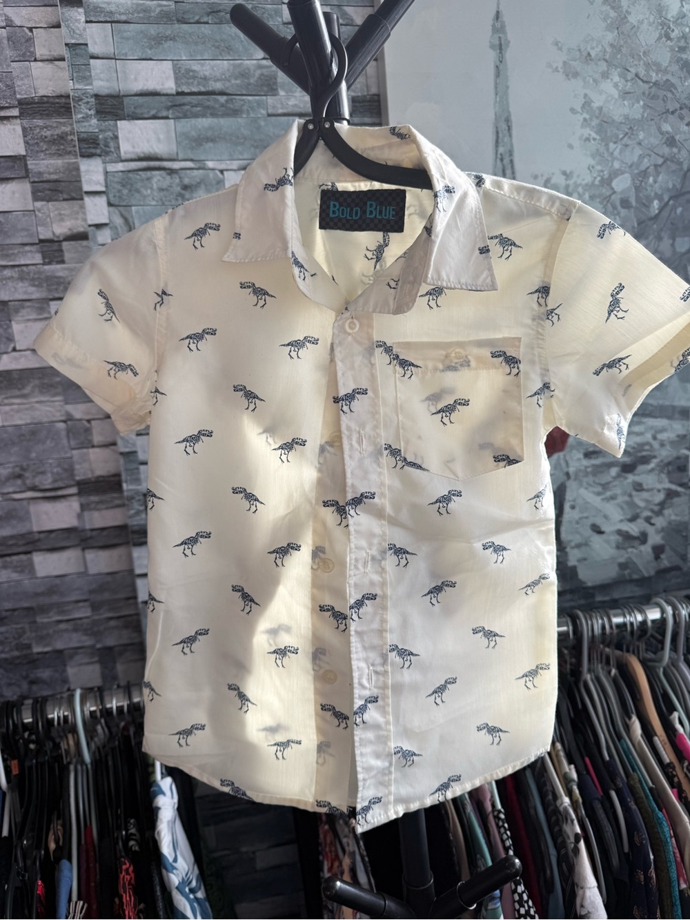 Boy's Cream Short-Sleeve Button-Down Shirt with Navy Dino Print
